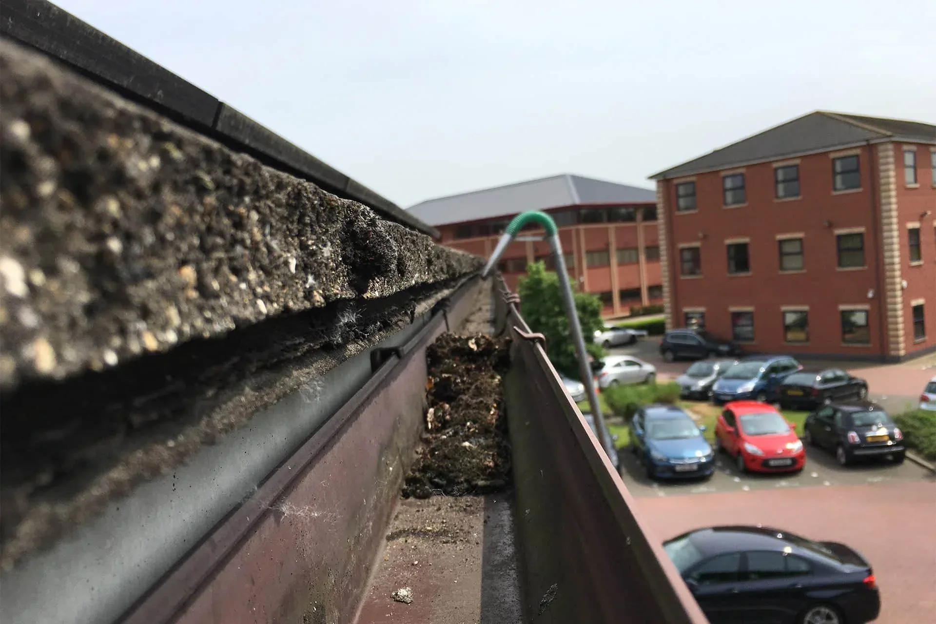 Blocked gutter needing professional cleaning
